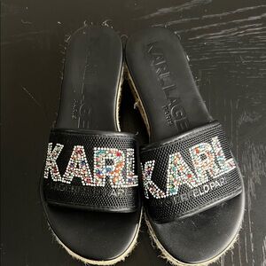 Karl Lagerfeld Black Slide Sandals with Multicolor Rhinestone KARL Logo